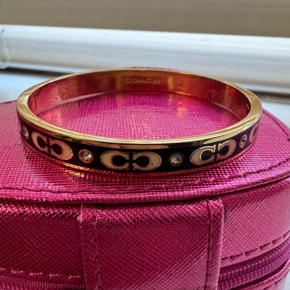 Coach Gold-Tone Bangle with Black Enamel and Crystal Accents